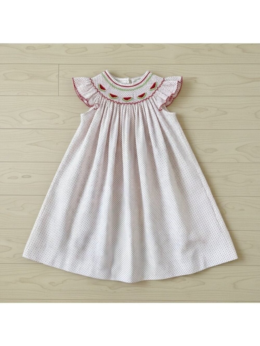 NWT Stitchy Fish Watermelon Smocked Red White Polka Dot Dress Flutter Sleeve 3T
